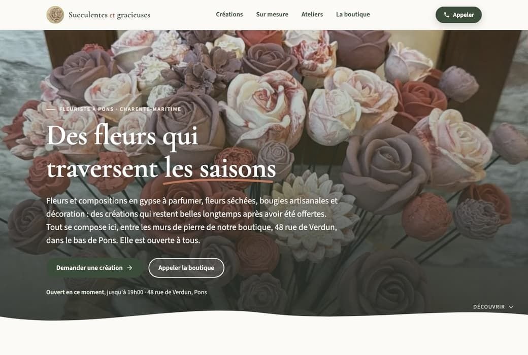 Page d'accueil du site Succulentes et Gracieuses, fleuriste à Pons